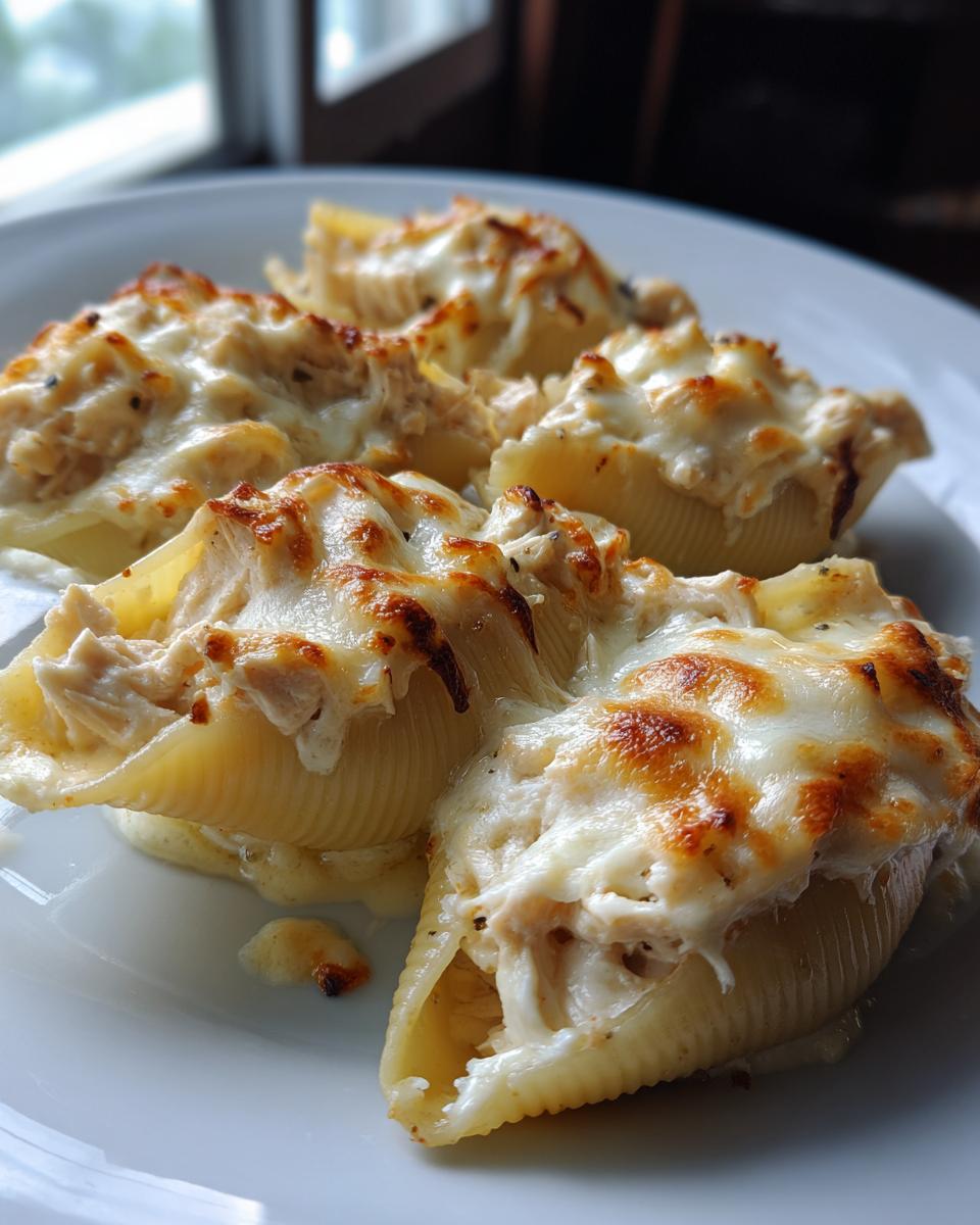 Close-up of baked chicken alfredo stuffed shells topped with bubbly, browned mozzarella cheese on a white plate.