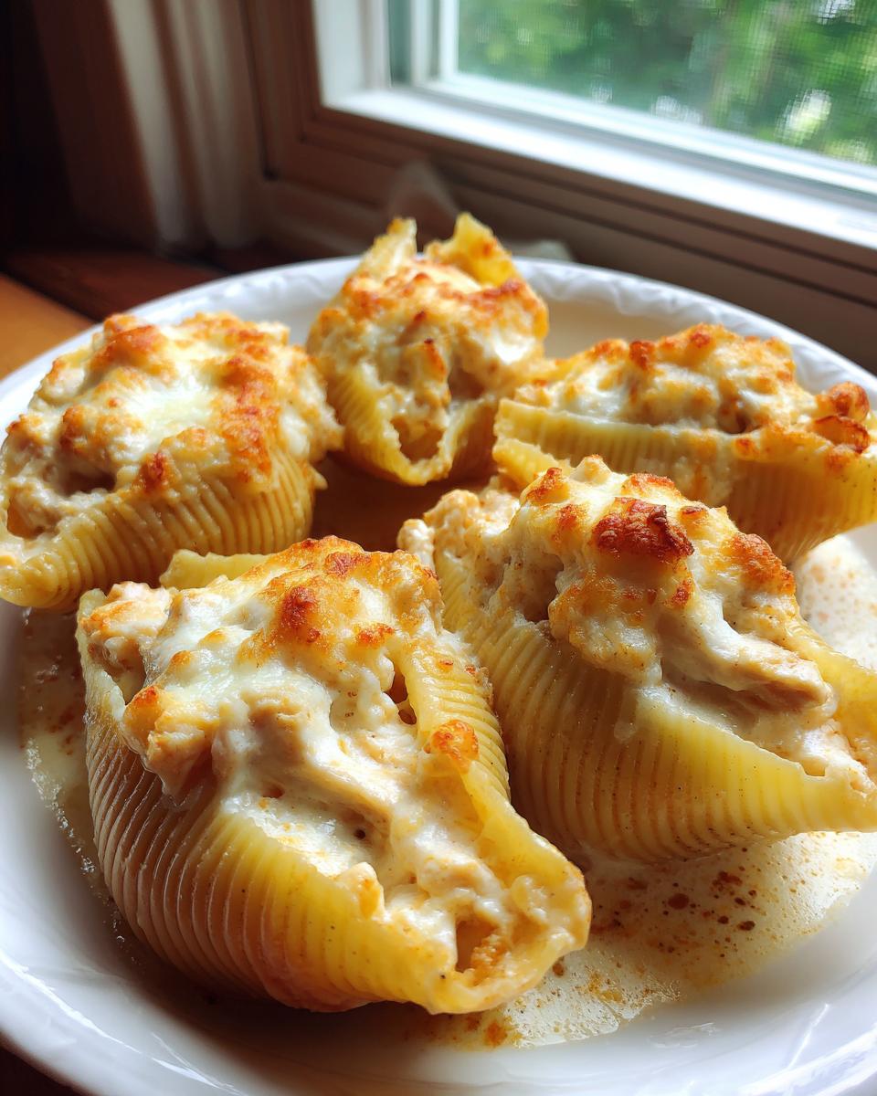 Close-up of baked chicken alfredo stuffed shells topped with browned, melted cheese on a white plate.