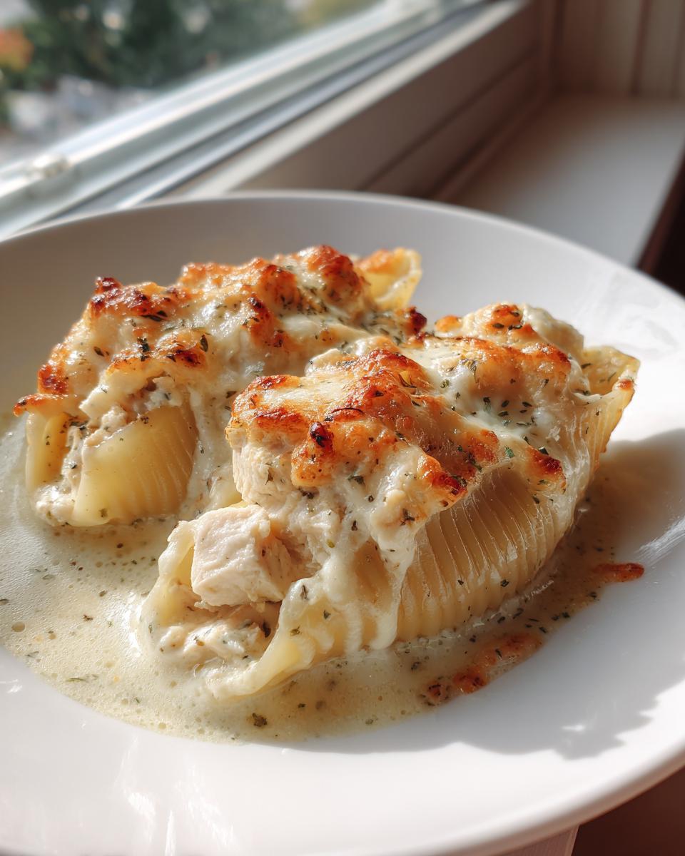 Two baked chicken alfredo stuffed shells covered in melted, browned cheese and creamy sauce on a white plate.