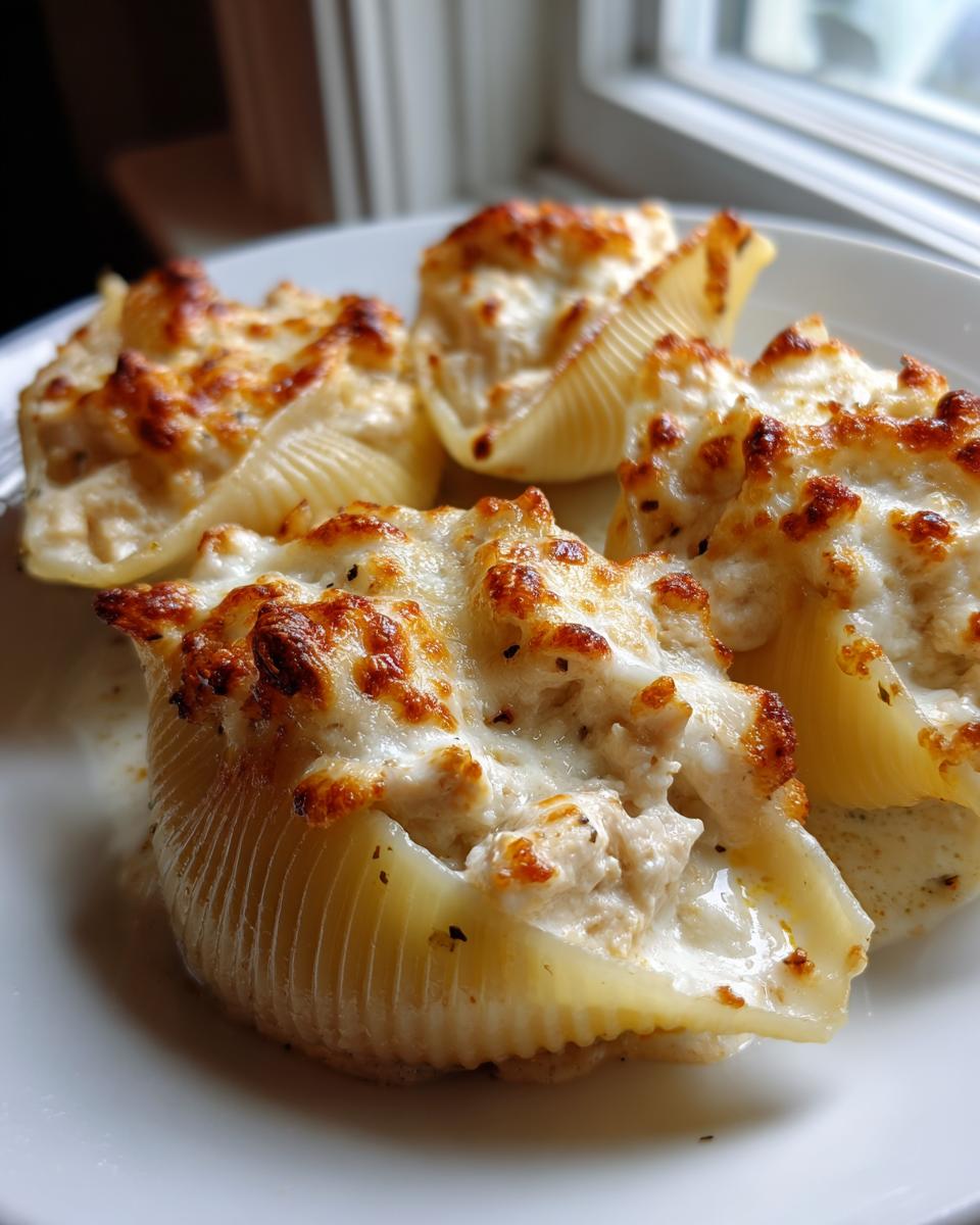 Close-up of four baked chicken alfredo stuffed shells topped with melted, browned cheese on a white plate.