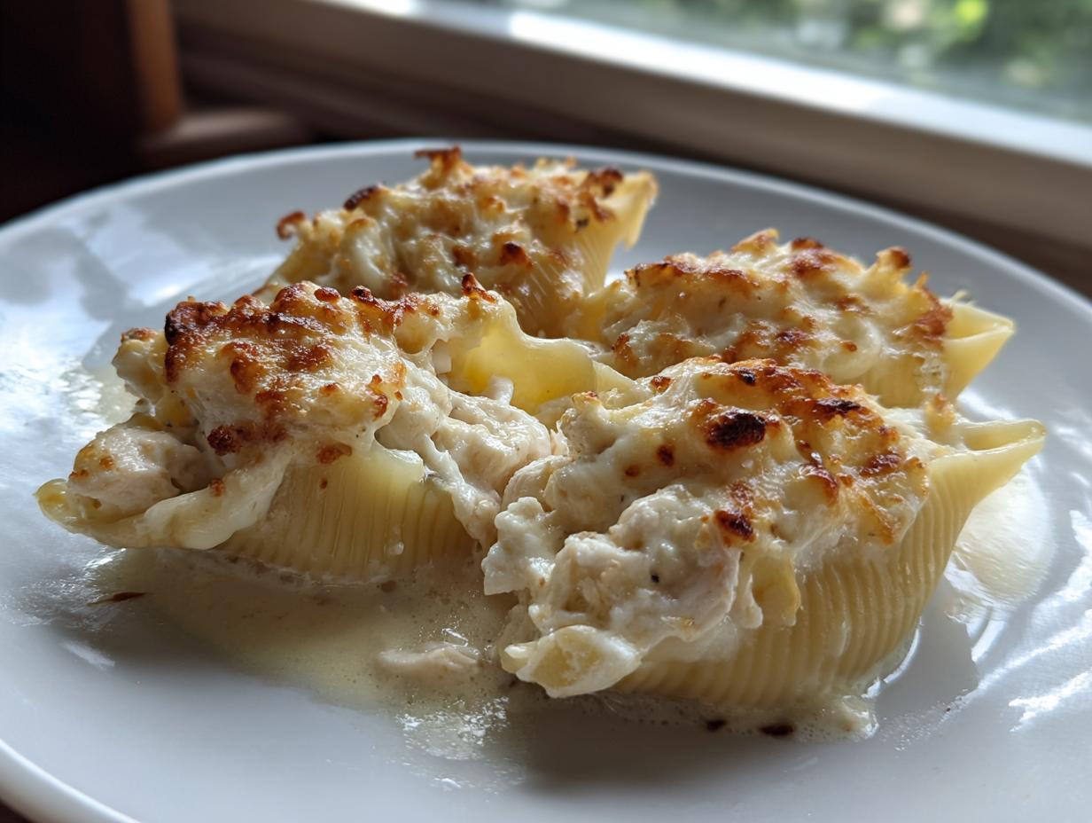 Three baked chicken alfredo stuffed shells topped with melted, browned cheese sauce on a white plate.
