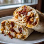 Close-up of a chicken bacon ranch wrap cut in half, showing chunks of chicken, bacon, and creamy ranch sauce.