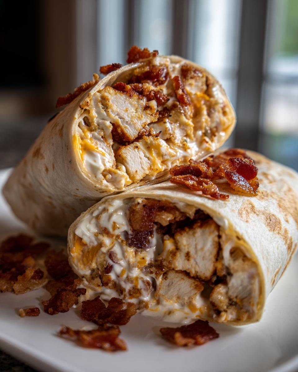 Close-up of a chicken bacon ranch wrap cut in half, showing chunks of chicken, creamy ranch sauce, and bacon bits.