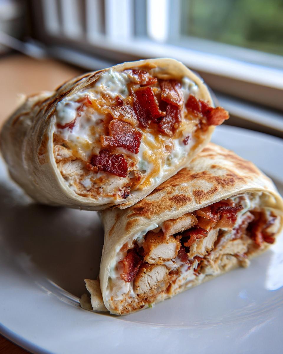 Close-up of a chicken bacon ranch wrap cut in half, showing layers of chicken, bacon, and creamy ranch dressing.