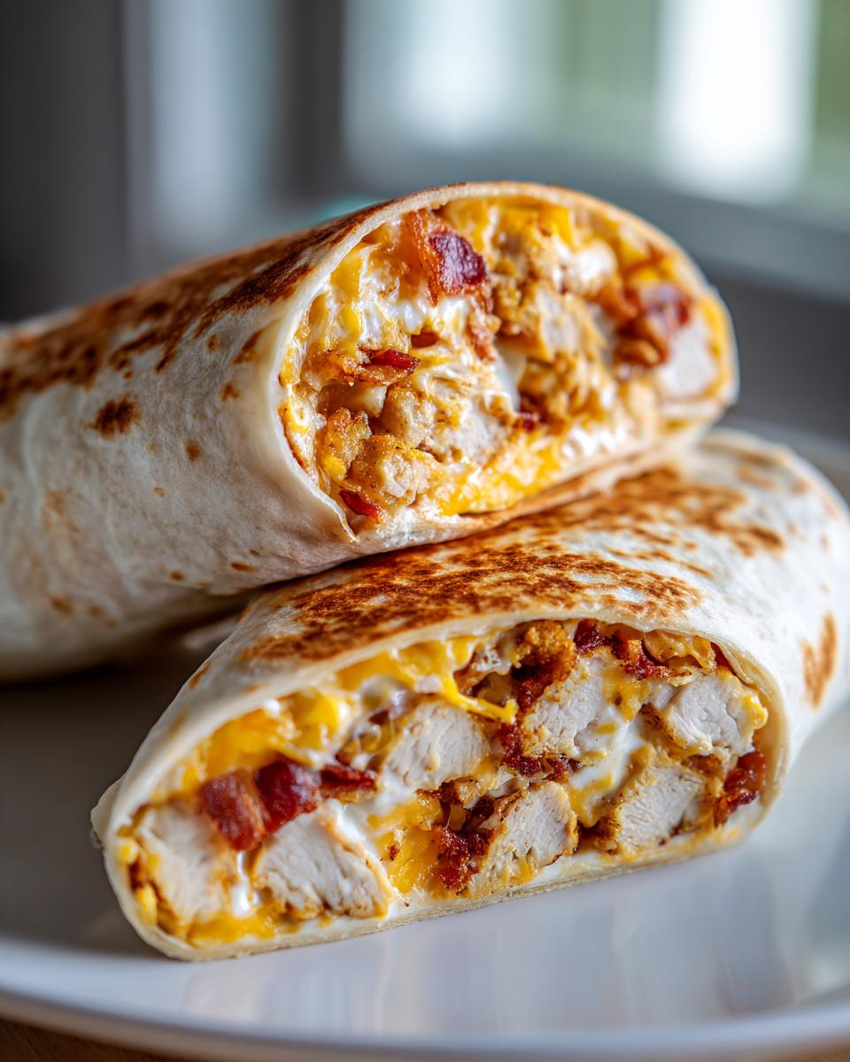 Close-up of a chicken bacon ranch wrap cut in half, showing chunks of chicken, bacon, cheese, and ranch sauce.