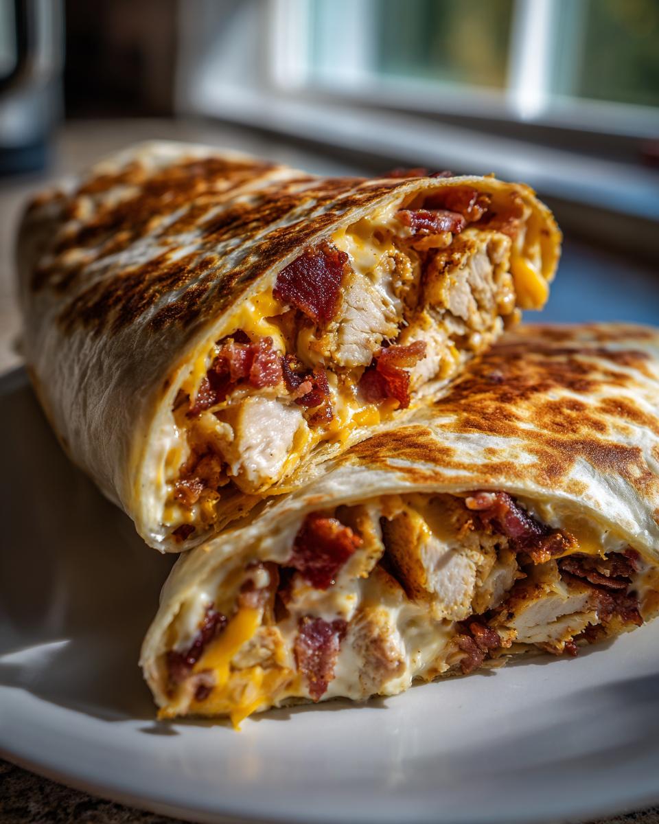 Close-up of a grilled chicken bacon ranch wrap cut in half, showing chunks of chicken, bacon, and melted cheese.