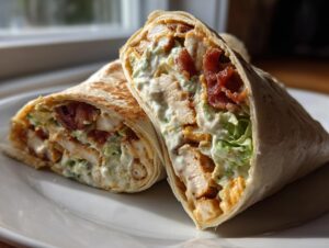 Two halves of a grilled chicken bacon ranch wrap showing filling of chicken, bacon, lettuce, and creamy ranch dressing.