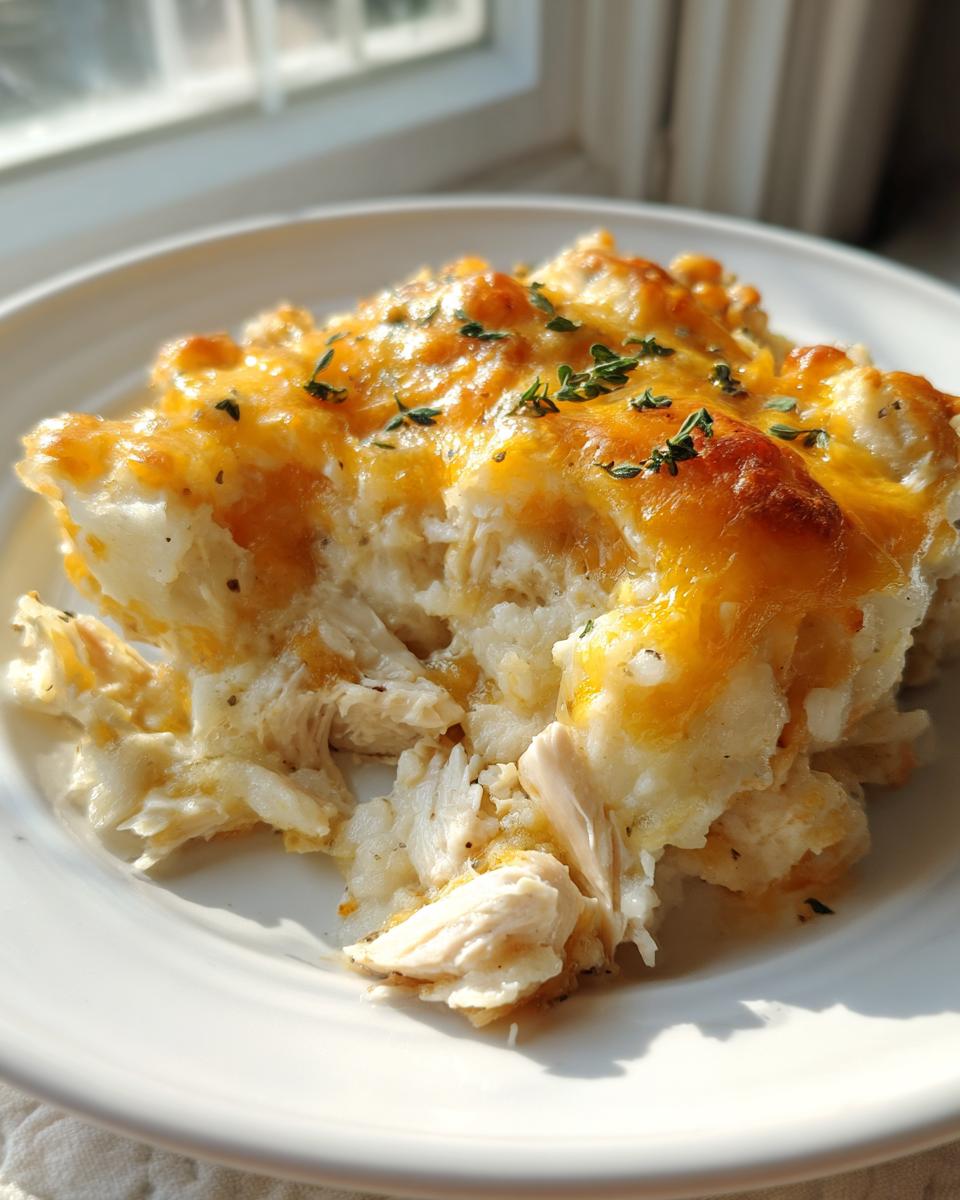 A close-up serving of creamy chicken cauliflower rice casserole topped with melted cheddar cheese and fresh thyme.