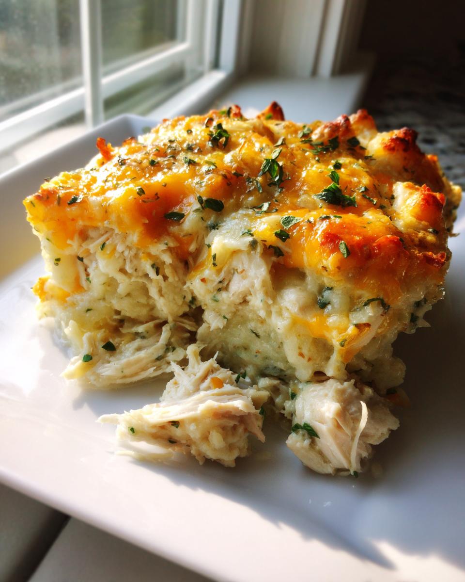 A close-up of a serving of chicken cauliflower rice casserole topped with melted cheddar cheese and parsley.