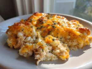 Close-up of a serving of creamy chicken cauliflower rice casserole topped with melted cheddar cheese and herbs.