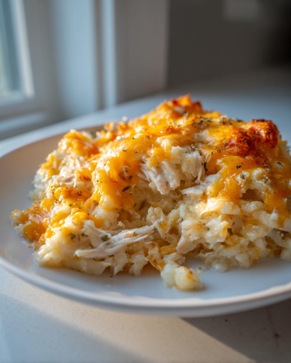 A close-up serving of chicken cauliflower rice casserole topped with melted cheddar cheese and herbs.