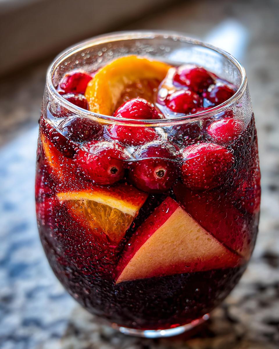 Close-up of a chilled glass filled with vibrant red holiday sangria, loaded with fresh cranberries, orange slices, and apple pieces.