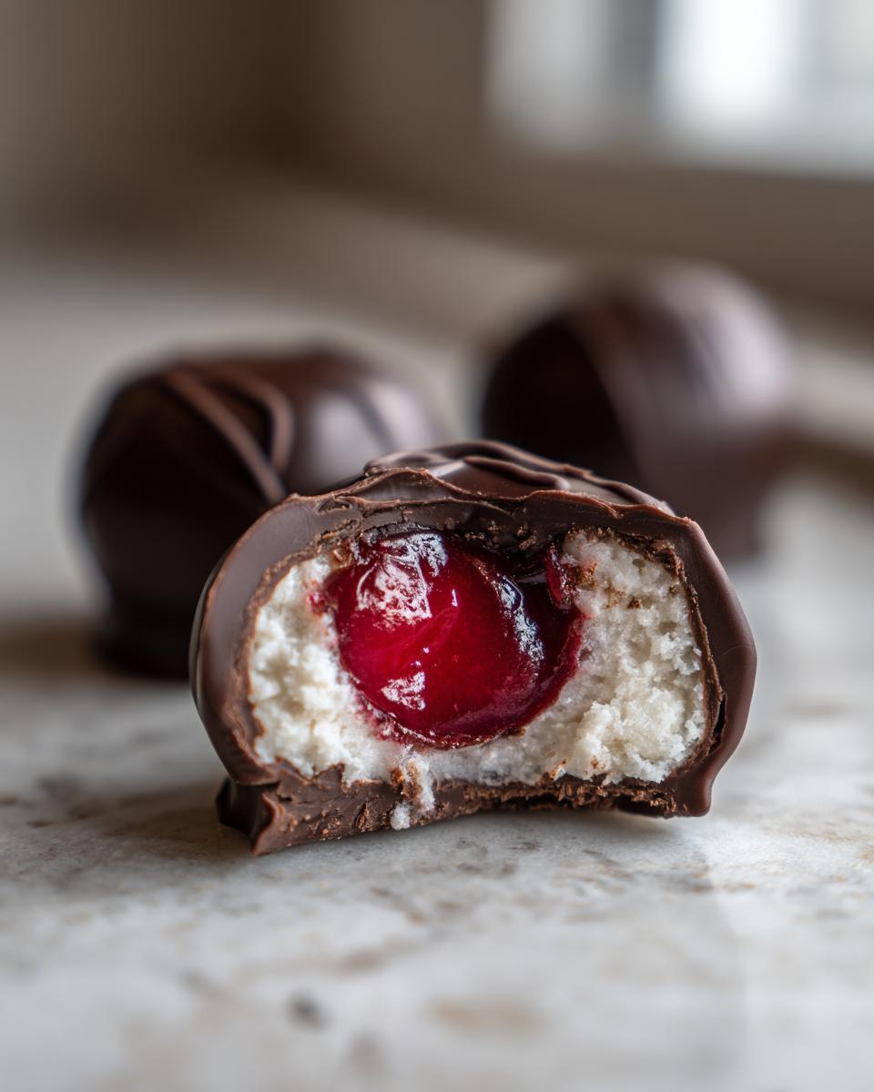 Close-up of a chocolate covered cherries cut in half, showing the creamy white filling and bright red cherry center.
