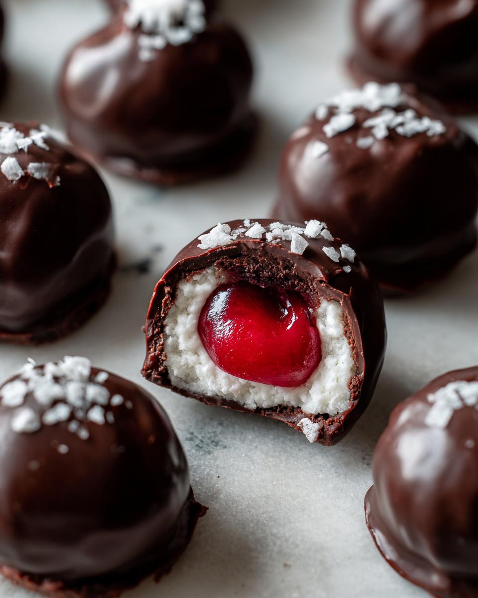 Close-up of a chocolate covered cherries cut in half showing the white filling and bright red cherry center, topped with sea salt.