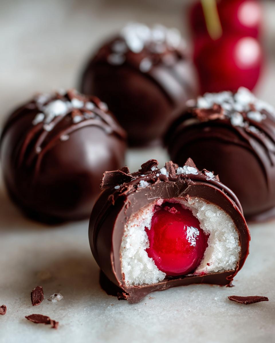 Close-up of a chocolate covered cherries truffle cut open, showing the cherry center surrounded by white filling, topped with sea salt.
