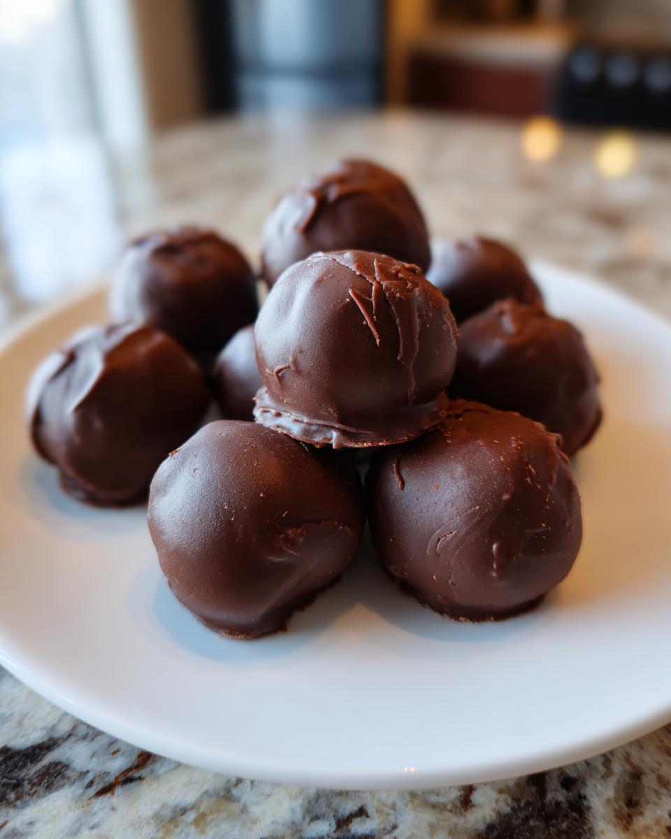 A small pile of rich, chocolate-covered oreo balls stacked on a white plate.