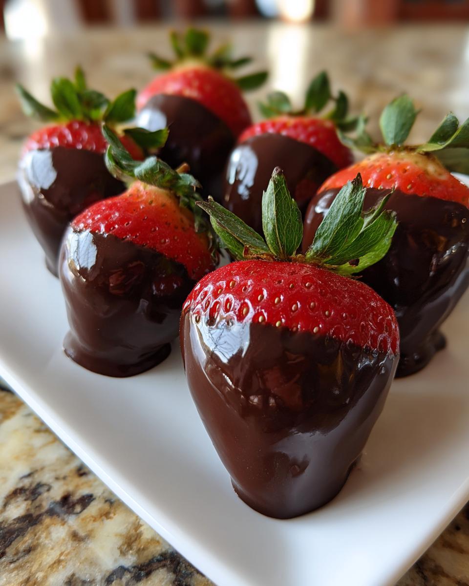 Close-up of several glossy chocolate covered strawberries with bright green tops resting on a white rectangular serving dish.