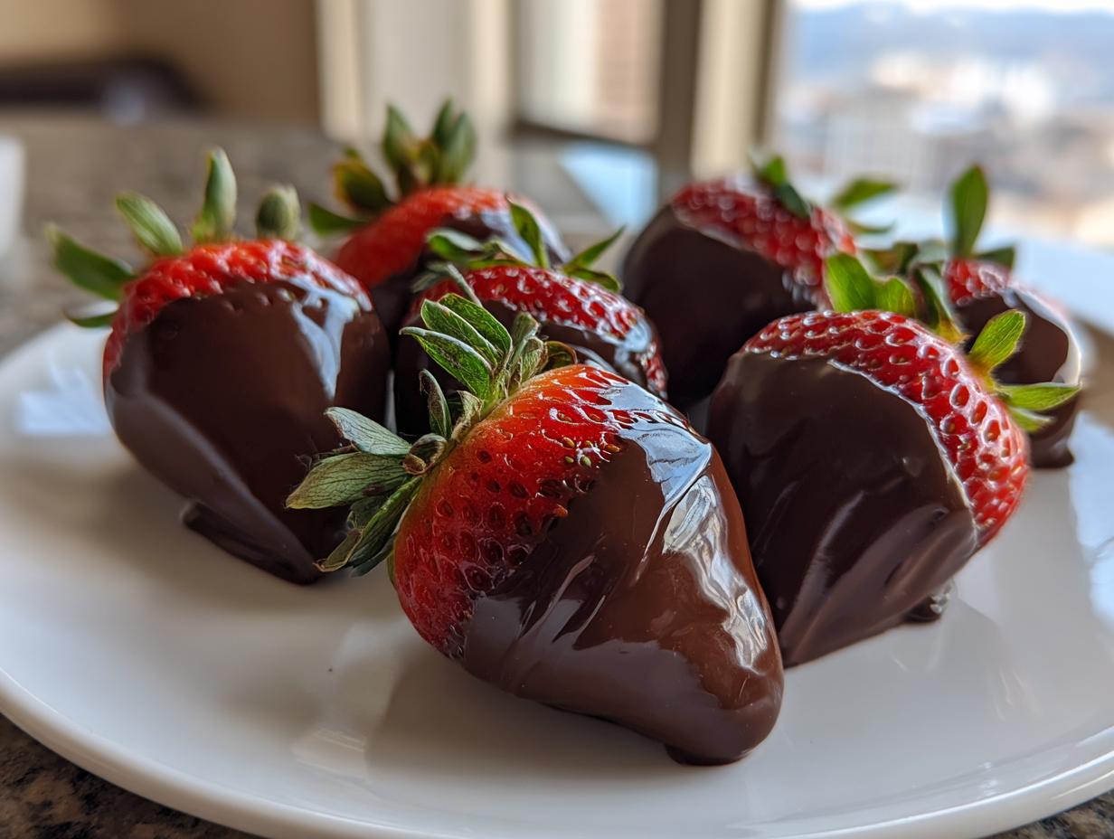 A close-up of several glossy chocolate covered strawberries resting on a white plate.