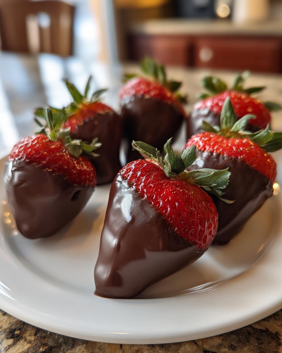 Close-up of several fresh chocolate covered strawberries arranged on a white plate.