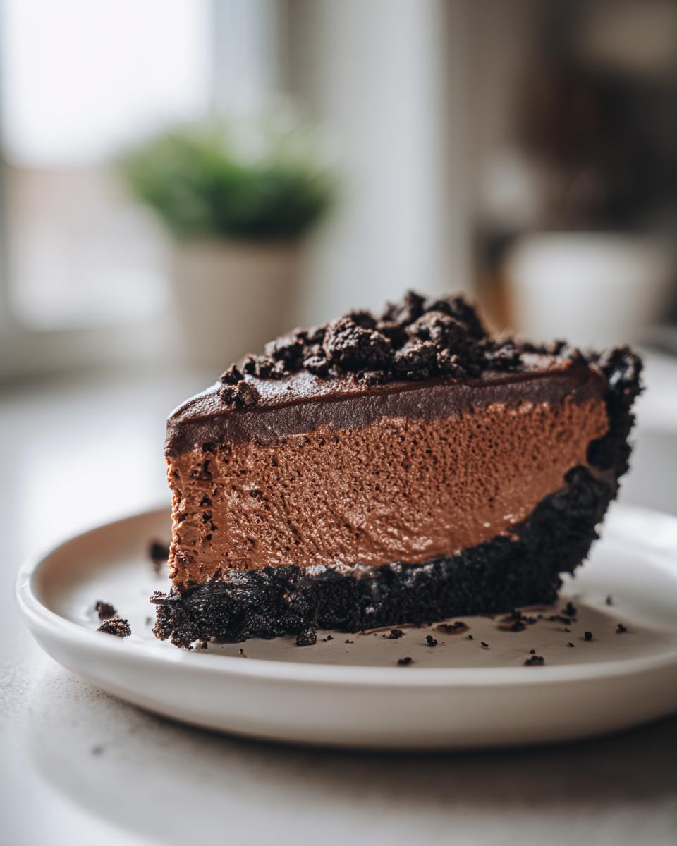 A decadent slice of chocolate mousse pie featuring a thick, airy filling and dark cookie crust, topped with chocolate crumbs.