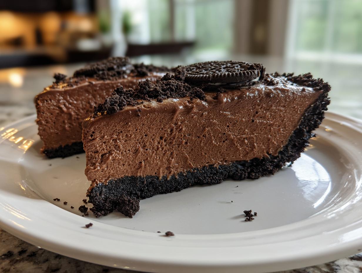 Two generous slices of rich chocolate mousse pie with a dark cookie crust, topped with crumbs and a cookie.