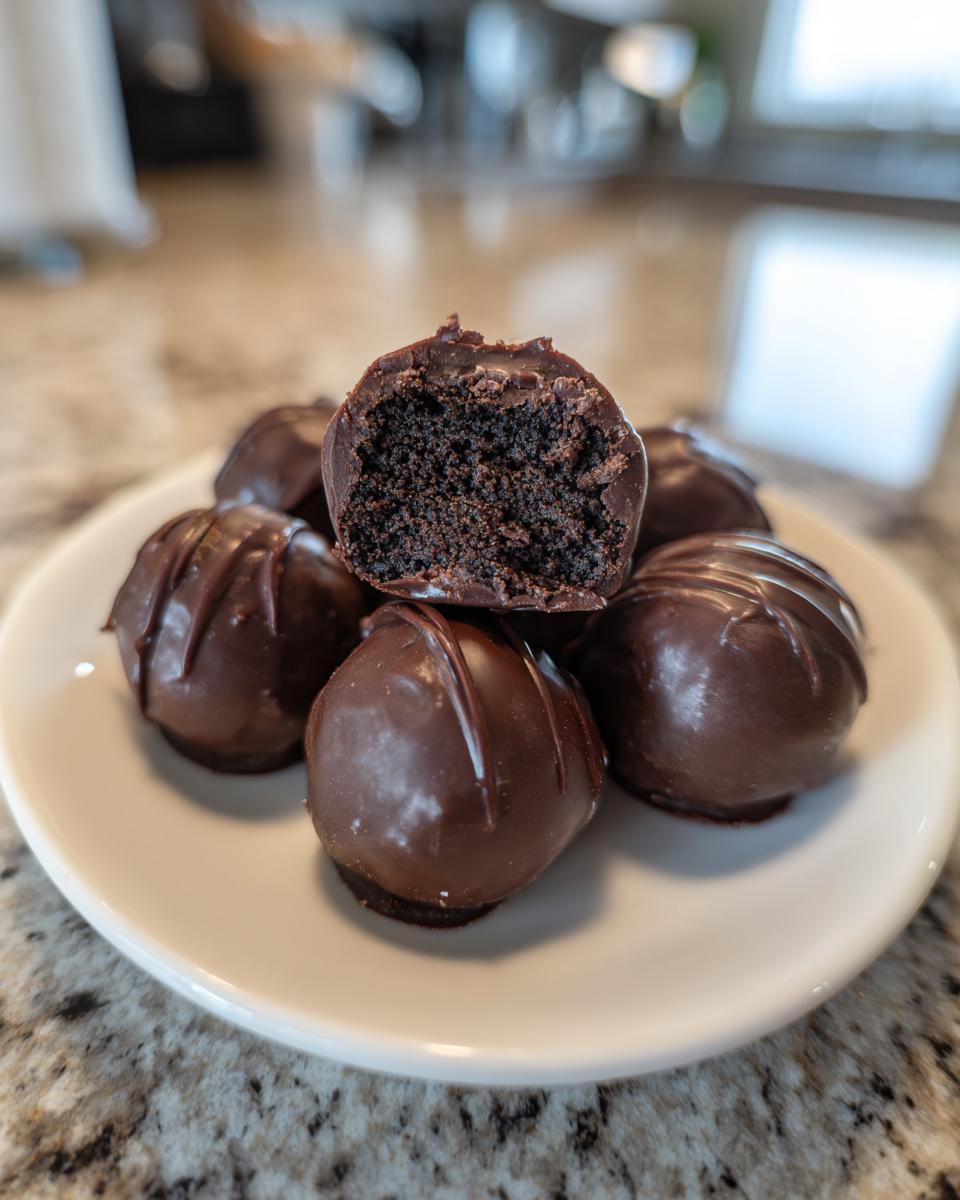 A stack of chocolate-coated Oreo balls on a white plate, with one cut open showing the dark, rich interior.