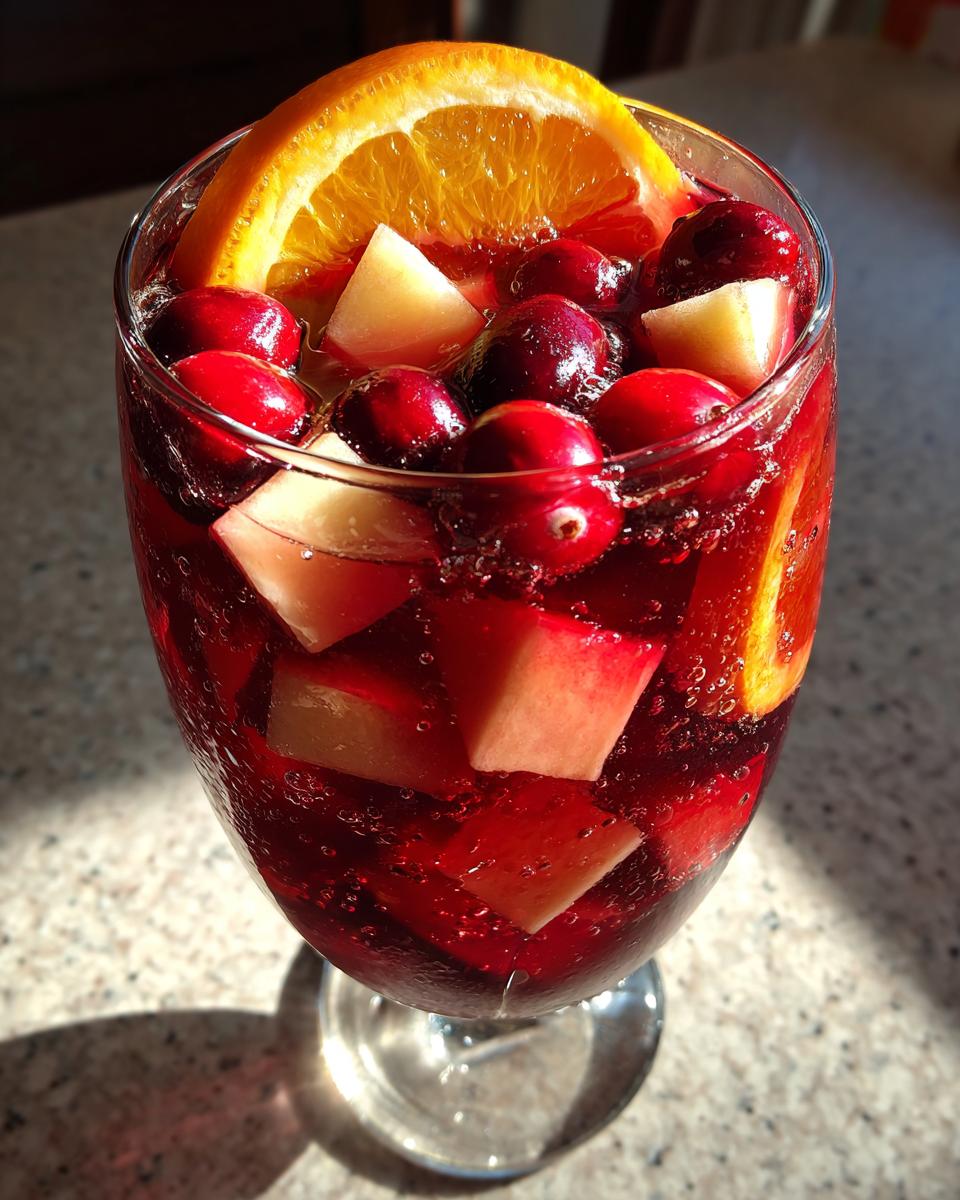 Close-up of a glass filled with vibrant red Christmas sangria, loaded with cranberries, apple chunks, and an orange slice.