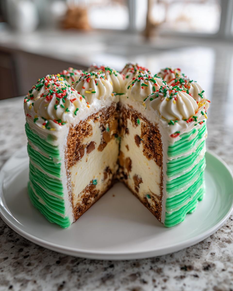 A slice removed from a festive Christmas tree cheesecake showing layers of crust, creamy filling, and green frosting.
