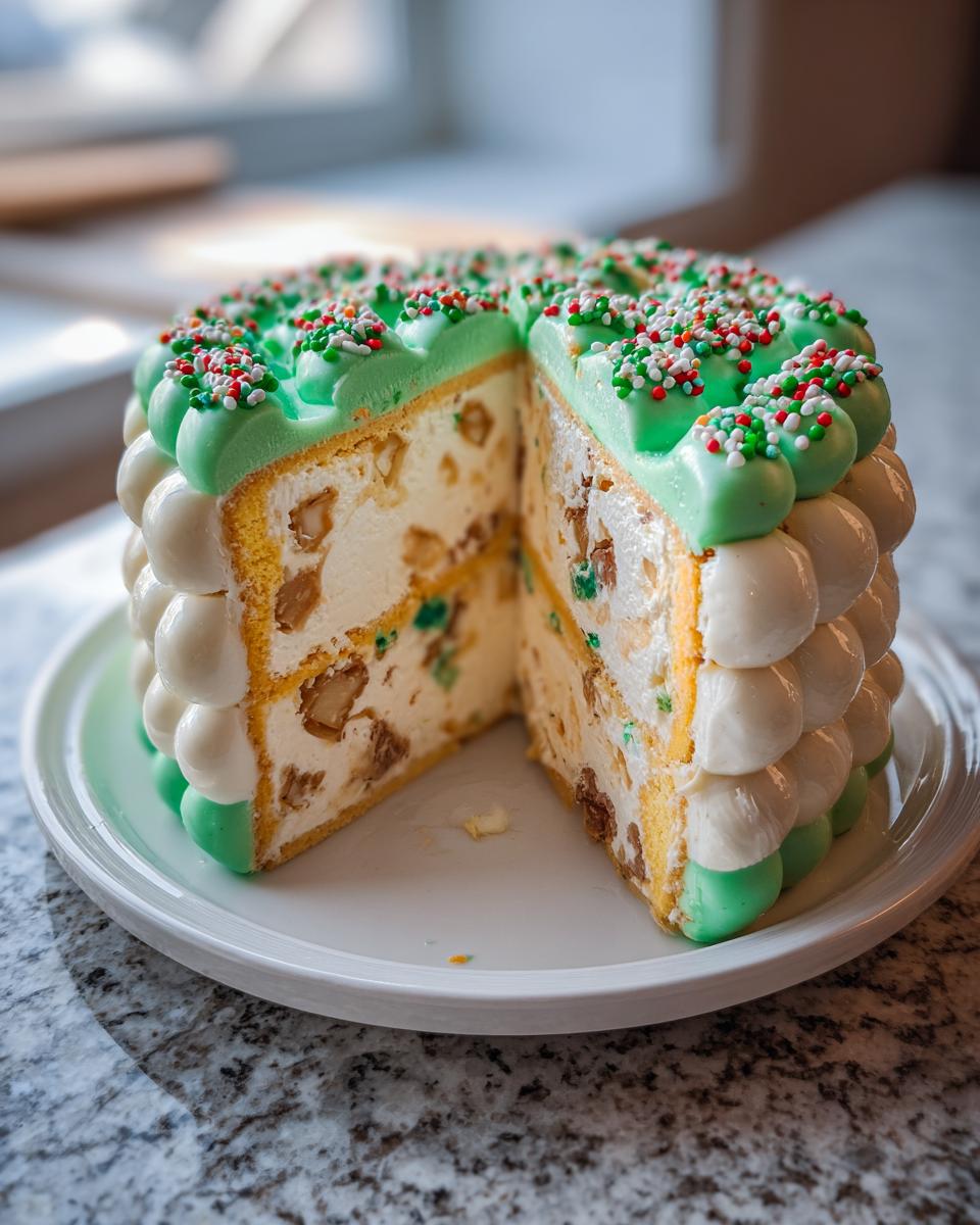 A slice cut from a festive Christmas tree cheesecake showing layers of filling, nuts, and decorated with green frosting and sprinkles.