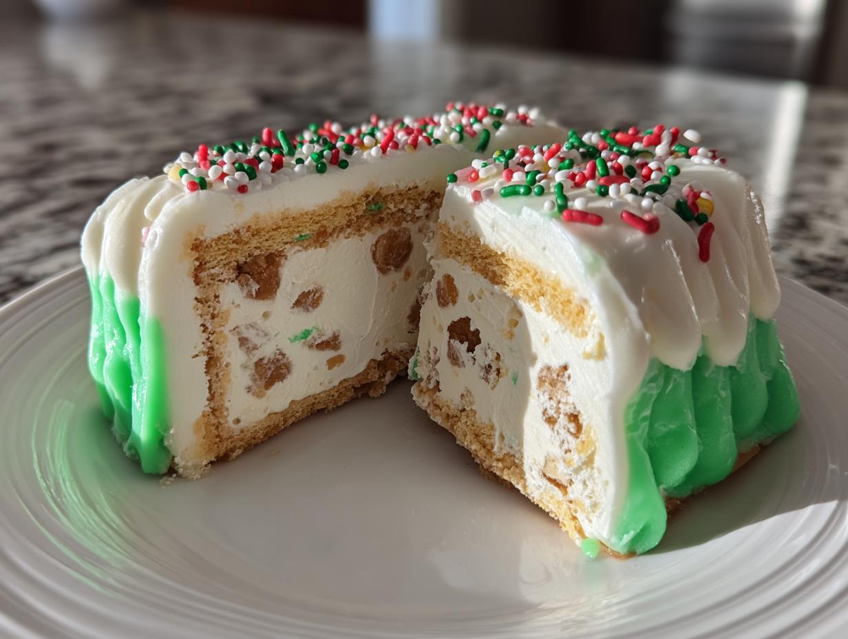 A slice of christmas tree cheesecake cut in half, showing creamy filling with nuts, graham cracker crust, and green and white frosting.