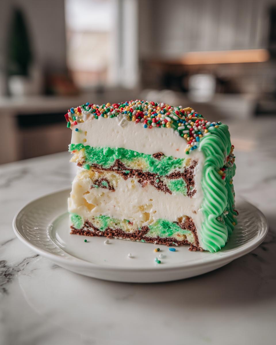 A tall slice of Christmas tree cheesecake featuring green marbled cake layers, white filling, and colorful sprinkles on top.