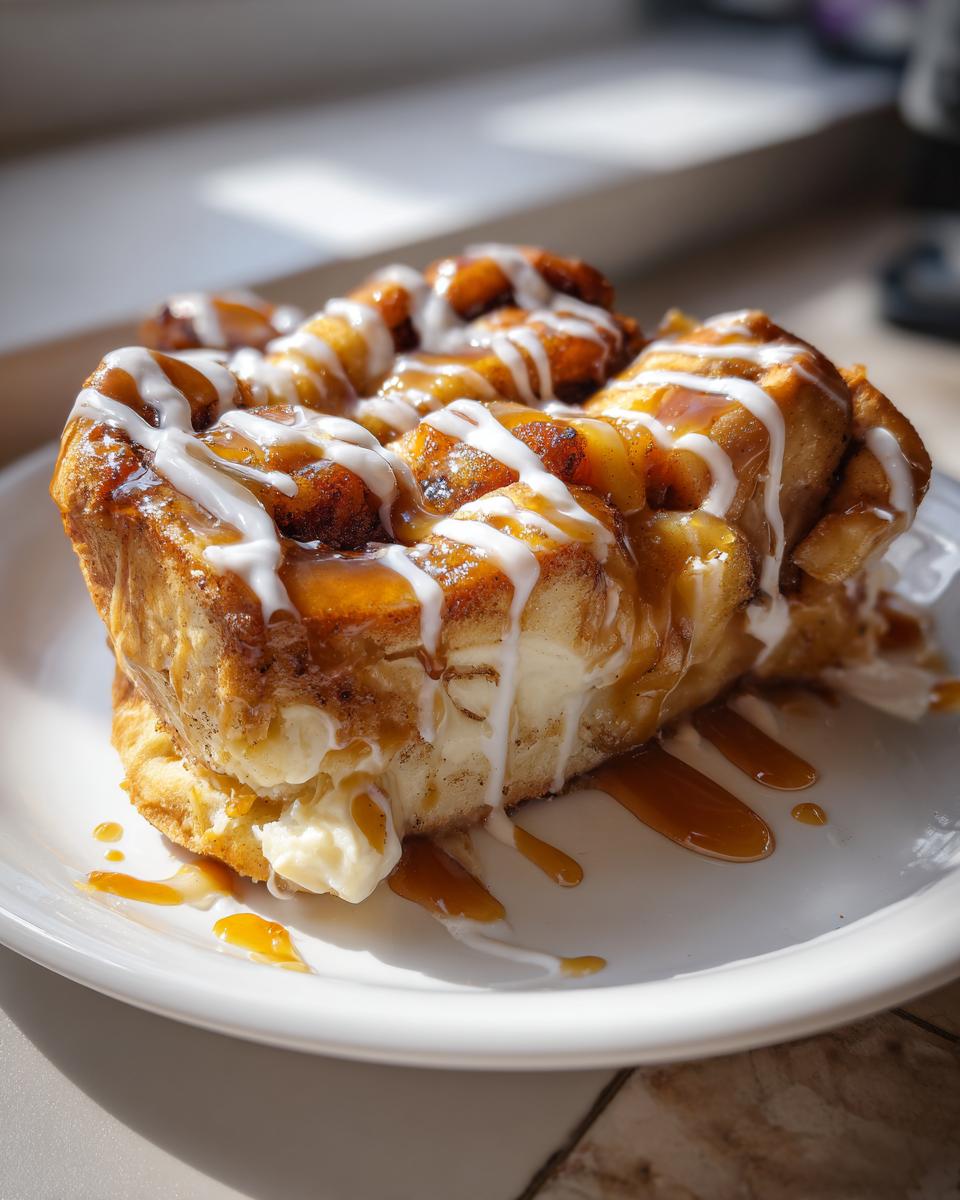 A decadent serving of cinnamon roll apple pie drizzled with white icing and caramel sauce on a white plate.