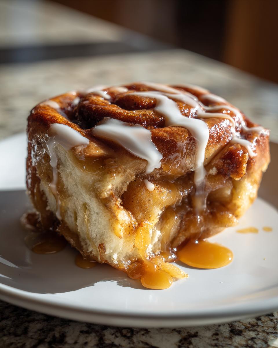 A close-up of a single serving of cinnamon roll apple pie, drizzled with white icing and caramel sauce.