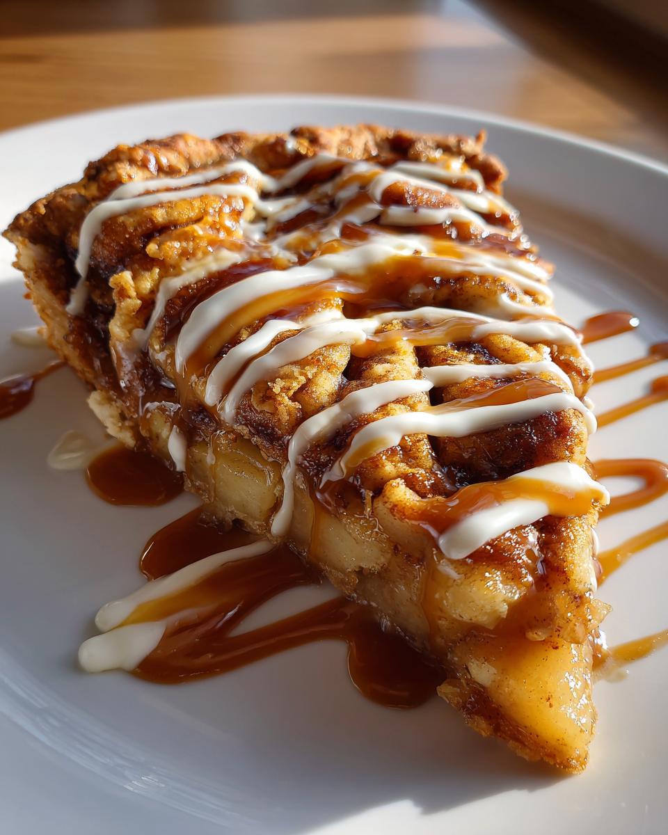 A decadent slice of cinnamon roll apple pie topped with white icing drizzle and caramel sauce on a white plate.