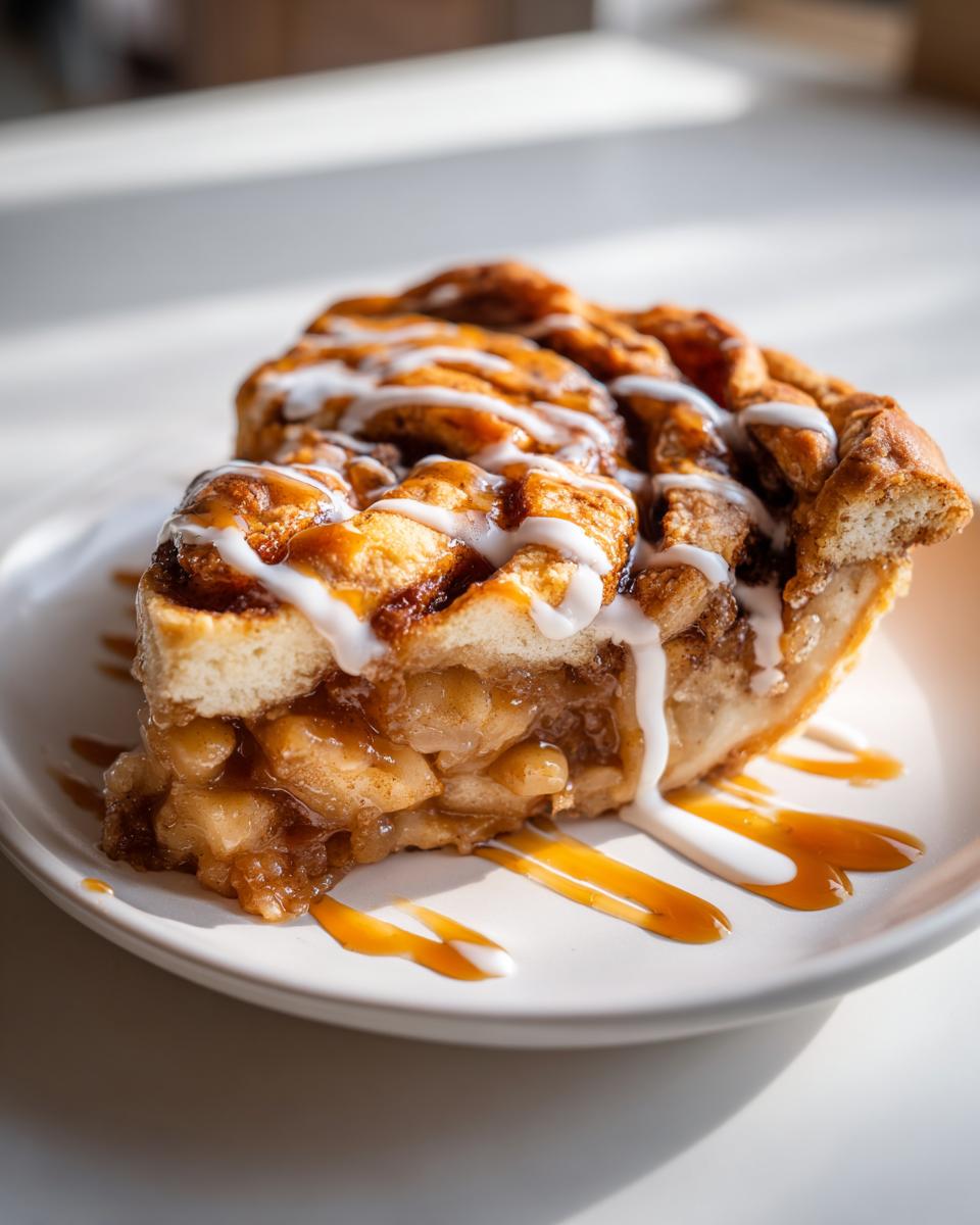 A close-up of a rich slice of cinnamon roll apple pie, topped with white icing and caramel drizzle.