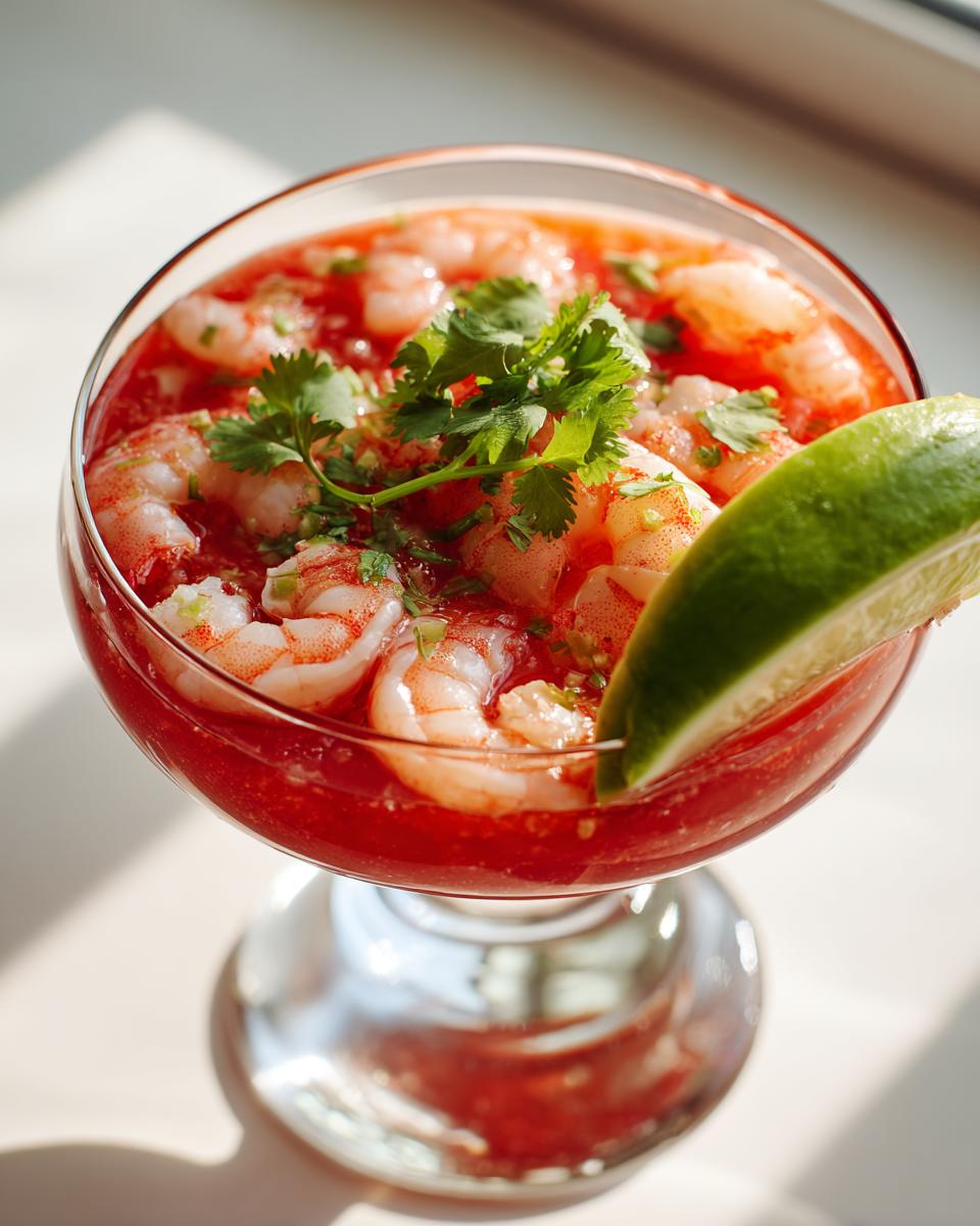 A vibrant glass of shrimp cocktail served in a stemmed glass, topped with cilantro and a lime wedge.