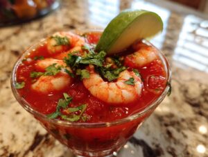 Close-up of a glass filled with shrimp cocktail, featuring plump shrimp in a red sauce, garnished with cilantro and a lime wedge.