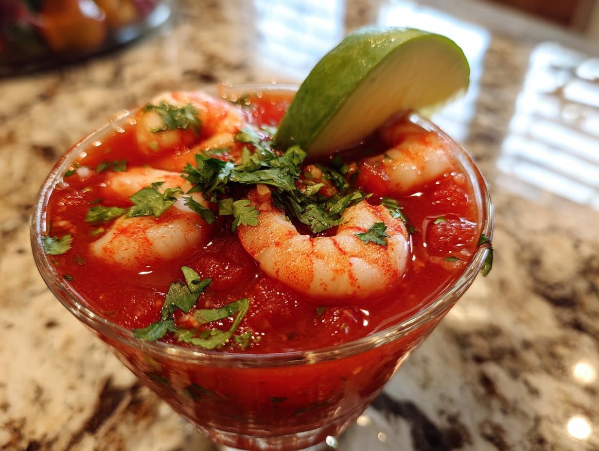 Close-up of a glass filled with shrimp cocktail, featuring plump shrimp in a red sauce, garnished with cilantro and a lime wedge.