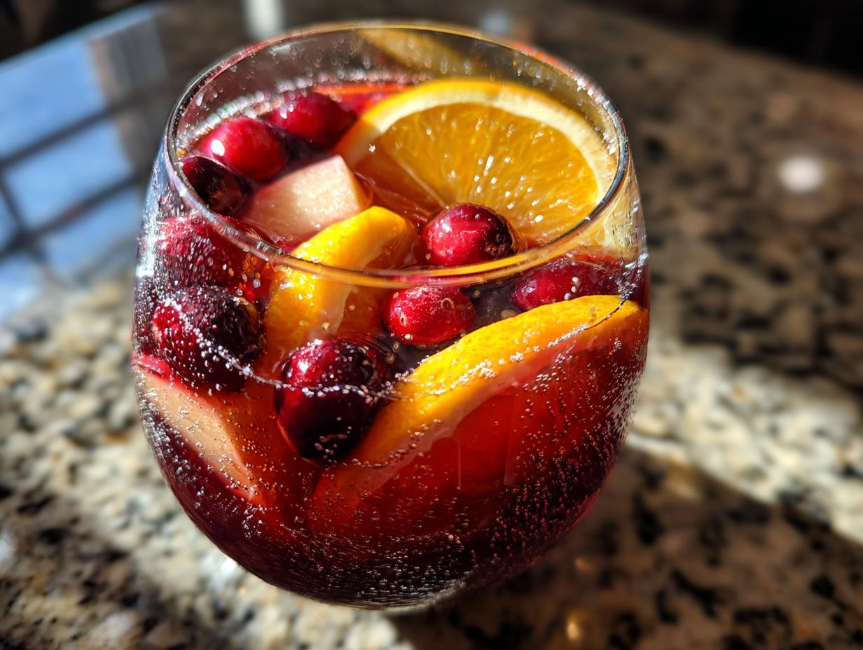 Close-up of a glass filled with bubbly red holiday sangria, garnished with orange slices and cranberries.