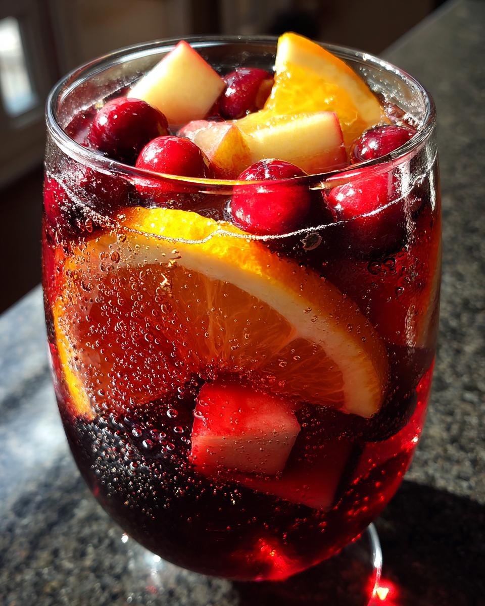Close-up of a glass filled with bubbly red holiday sangria, garnished with orange slices, cranberries, and diced apples.