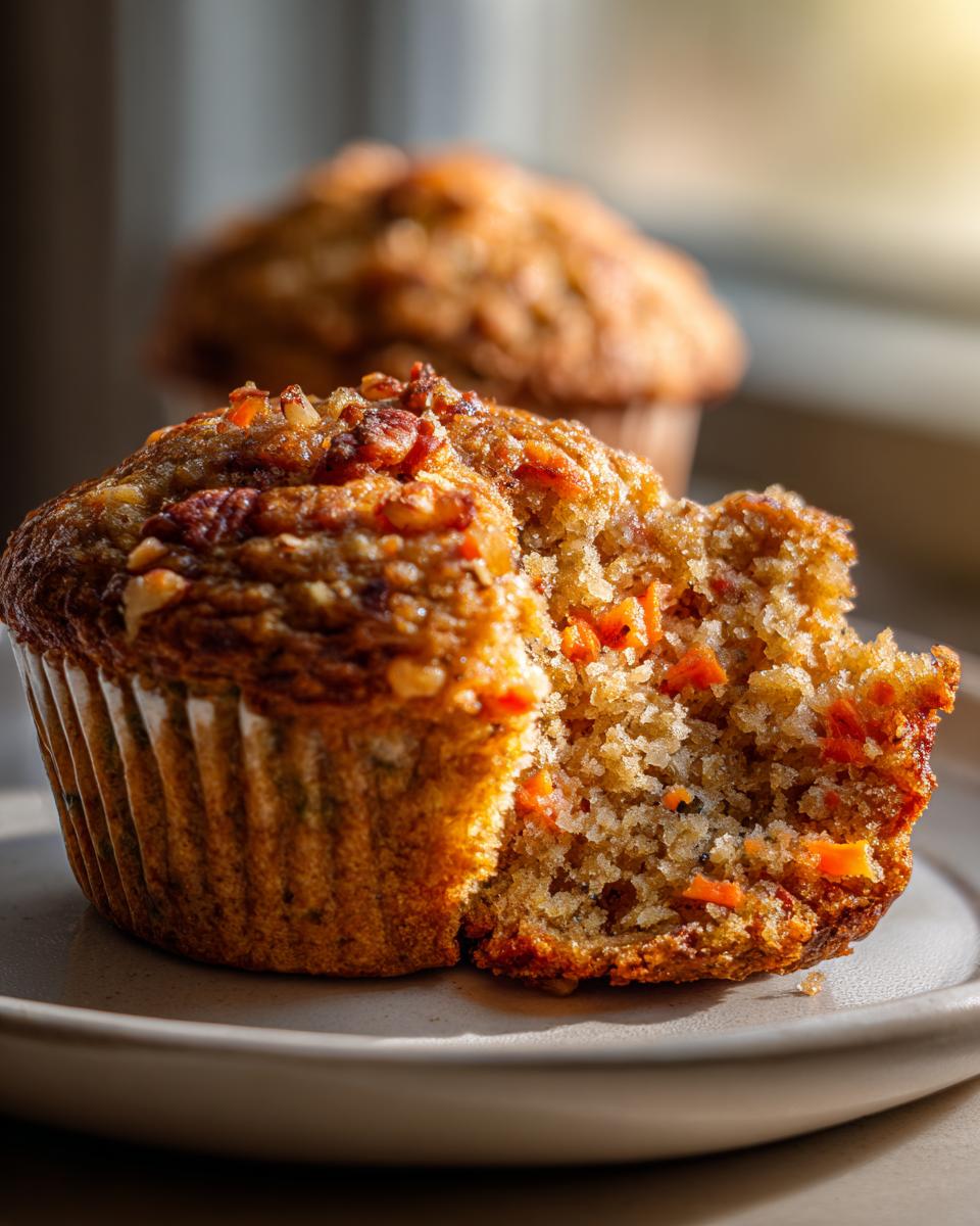 Close-up of a morning glory muffins broken open showing moist texture, carrots, and nuts on top.