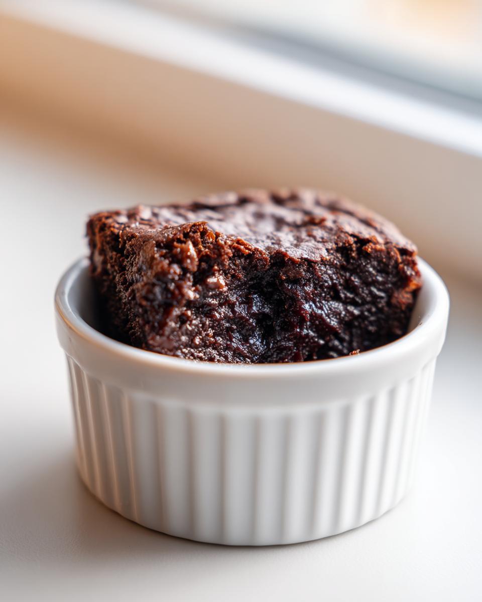 A rich, dark chocolate Cottage Cheese Microwave Brownie served in a small white fluted ramekin.
