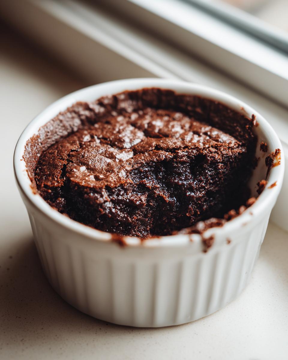 Close-up of a rich, dark chocolate Cottage Cheese Microwave Brownie baked in a white fluted ramekin.