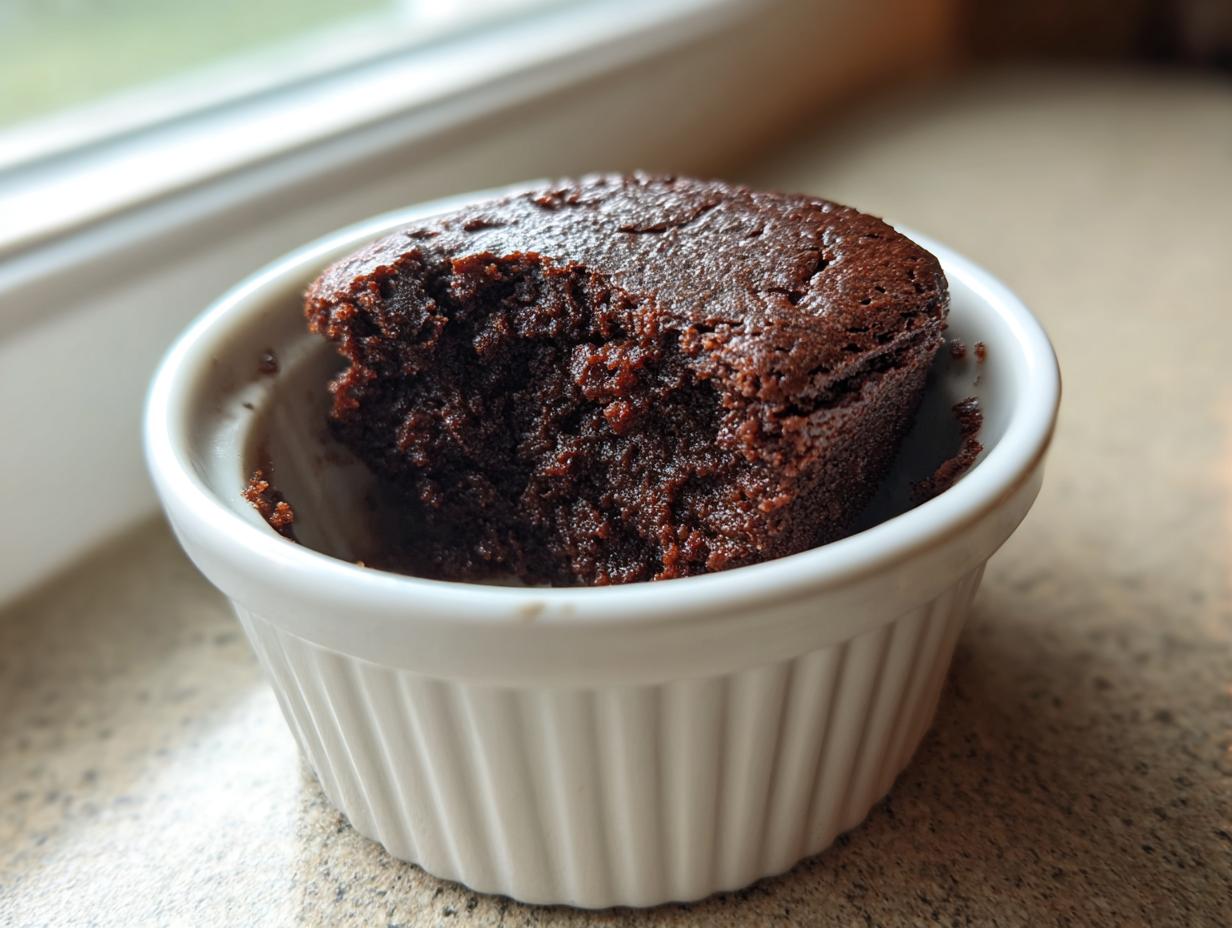 Close-up of a rich, dark chocolate Cottage Cheese Microwave Brownie baked in a white fluted ramekin.