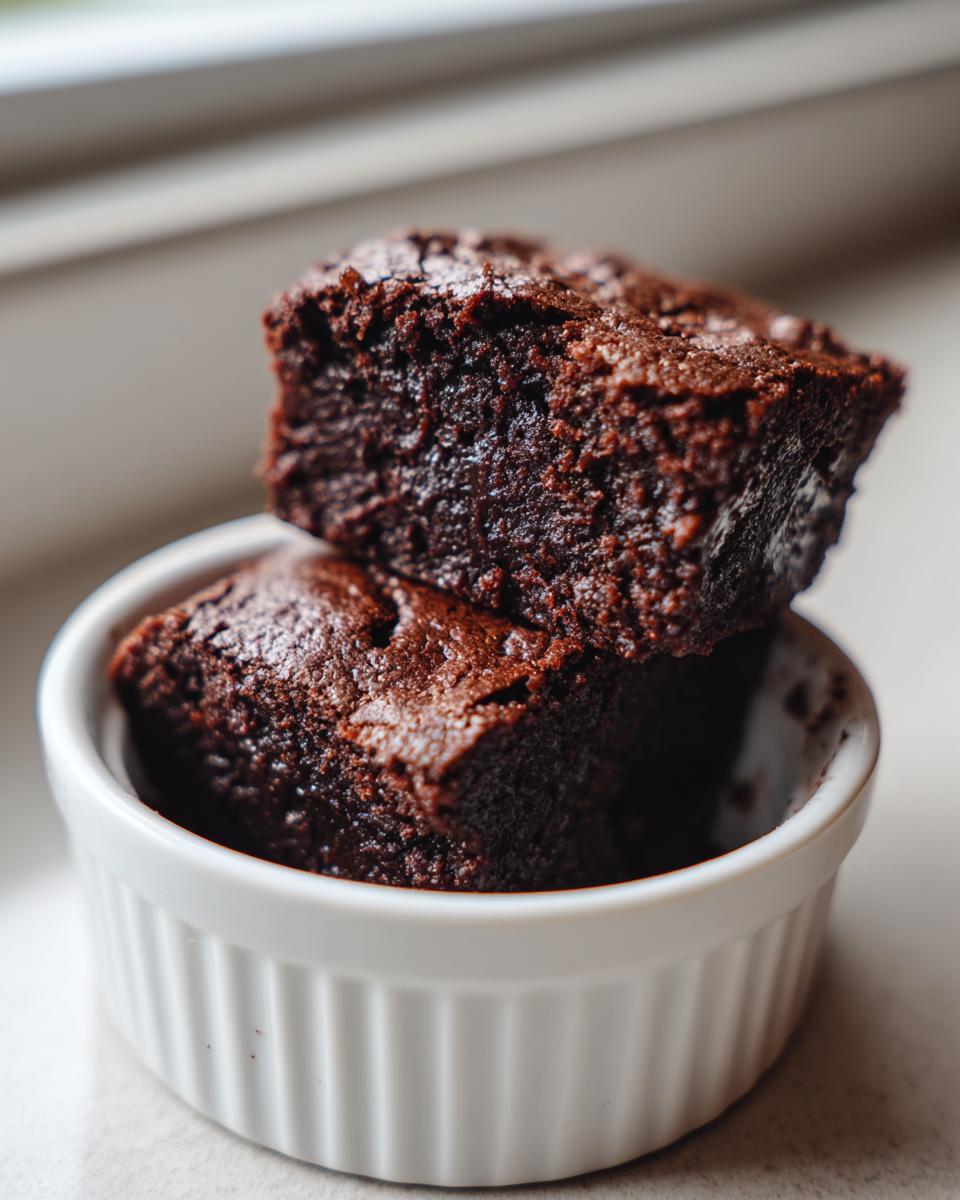 Two fudgy squares of Cottage Cheese Microwave Brownie stacked in a small white ramekin.
