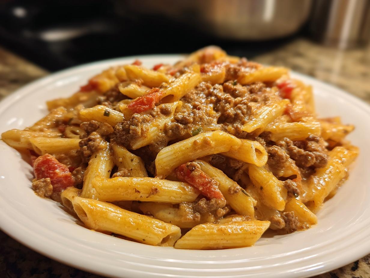 A close-up of a white plate piled high with creamy beef pasta featuring penne noodles, ground beef, and diced tomatoes.