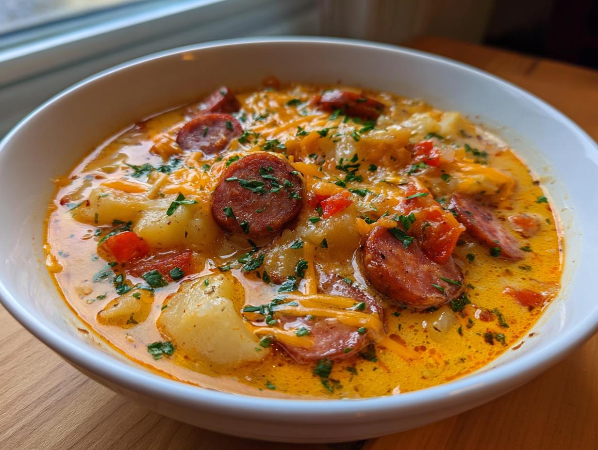 A close-up of a bowl of rich Cajun potato soup topped with sliced sausage, melted cheese, and fresh parsley.