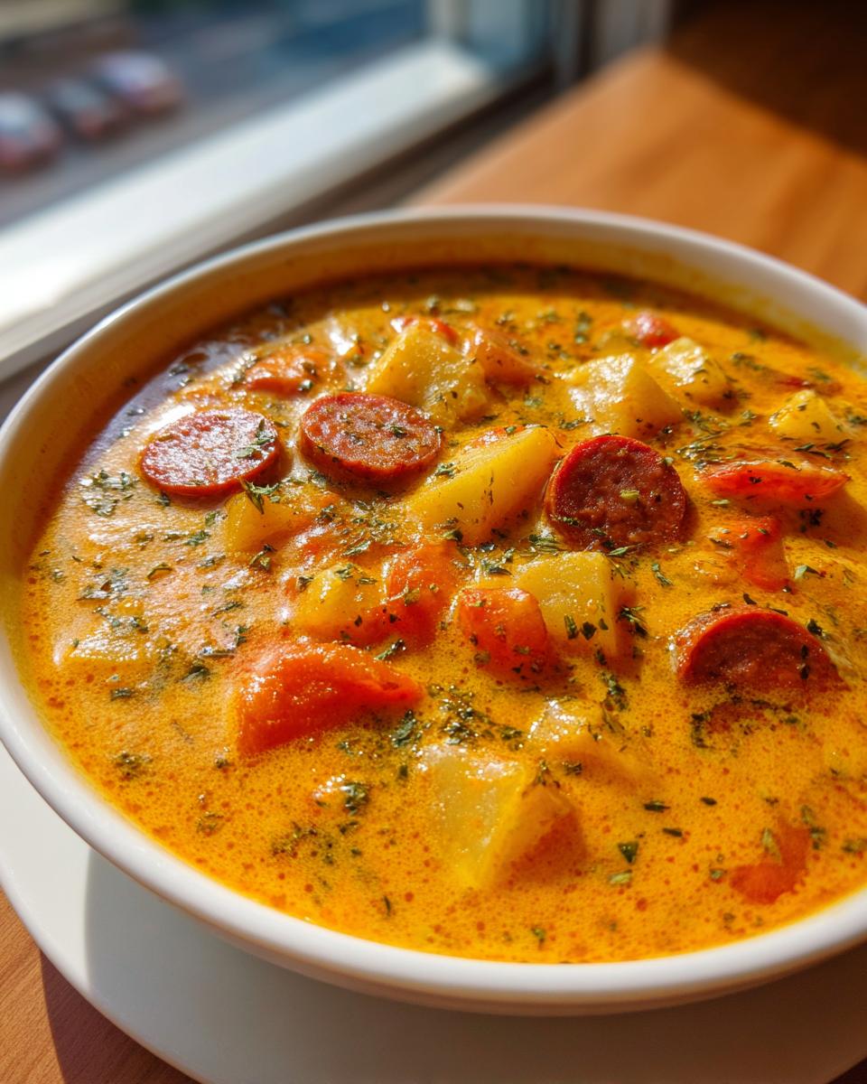 A close-up of a bowl of rich, orange Cajun potato soup loaded with chunks of potato and slices of sausage.