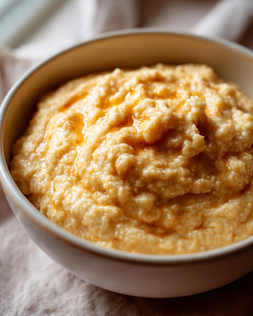 Close-up of a creamy bowl of rich, yellow cheese grits drizzled with melted butter.