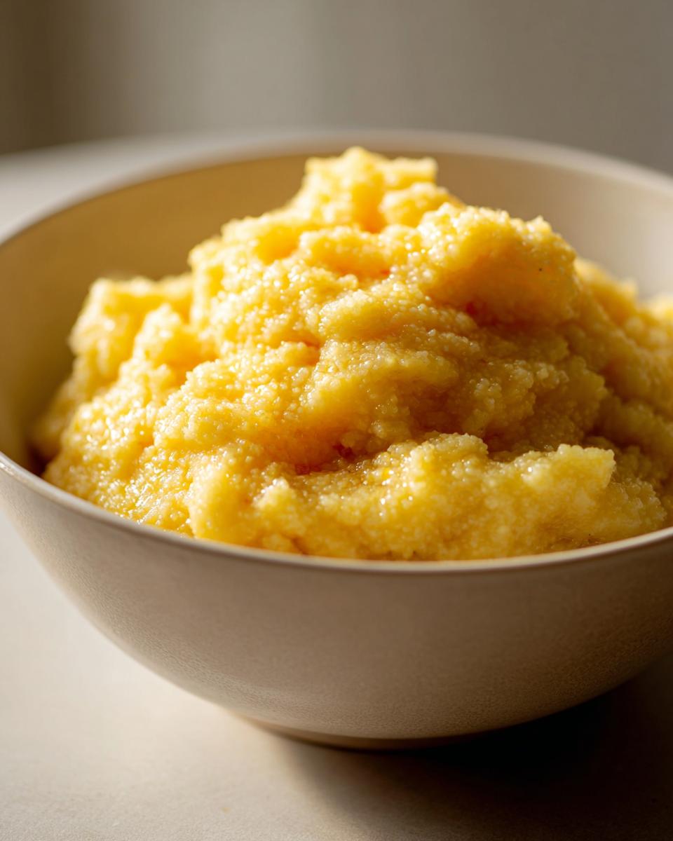 A close-up of a creamy, golden bowl of rich cheese grits piled high.